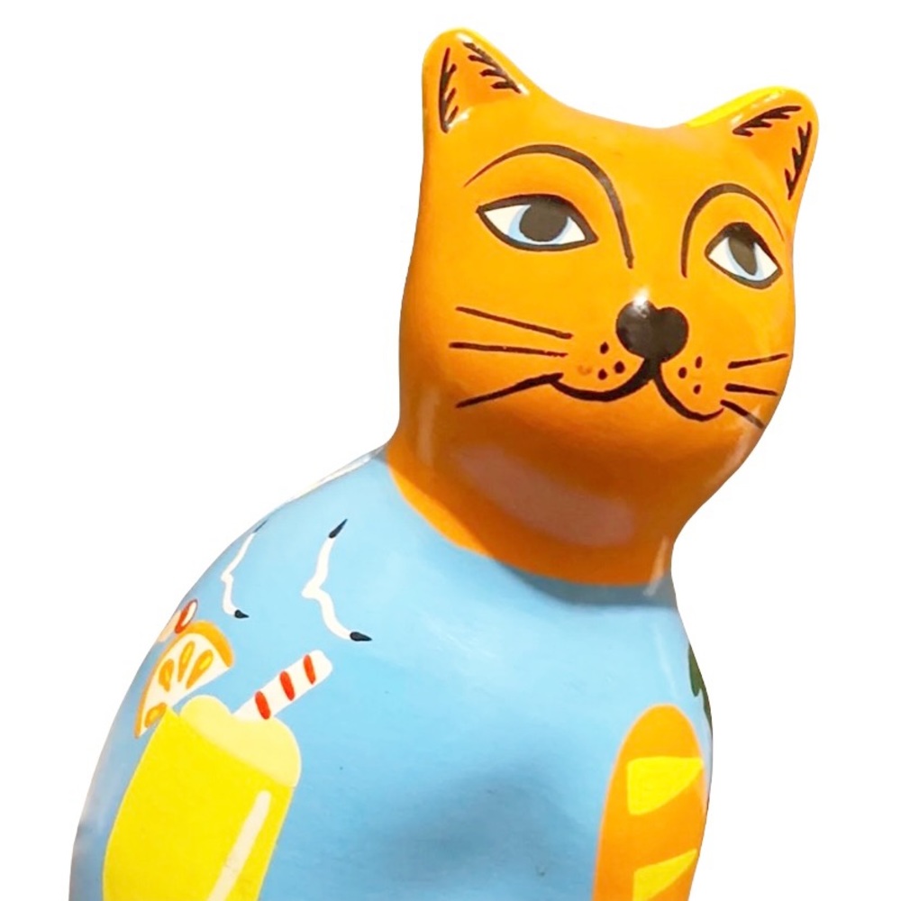 Mexican Folk Art Cat Figurine Coin Holder Hand Painted Pottery Made In Yucatán